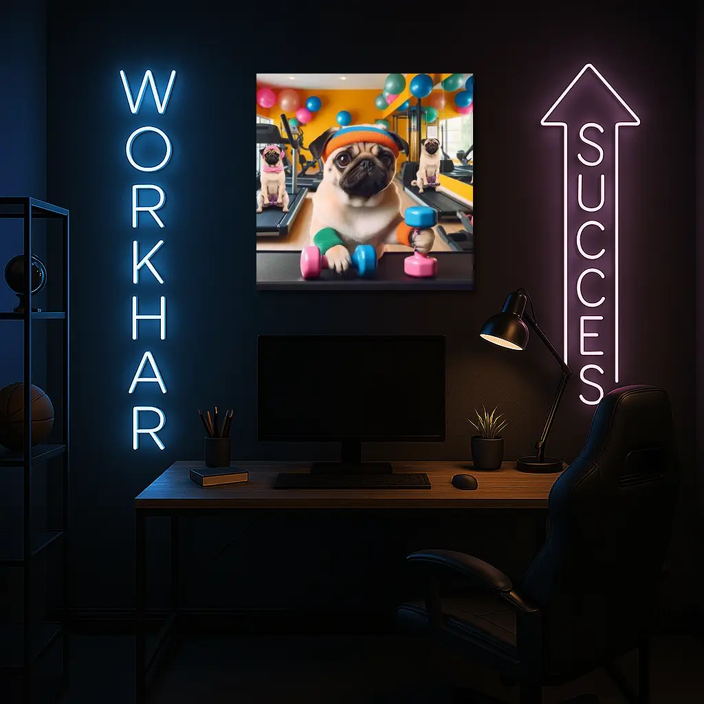 Pugs Working Out in Colorful Gym – Wall Art
