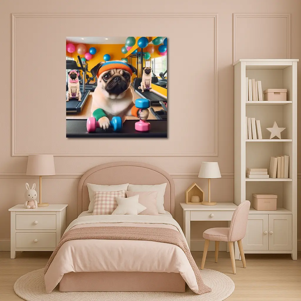 Pugs Working Out in Colorful Gym – Wall Art