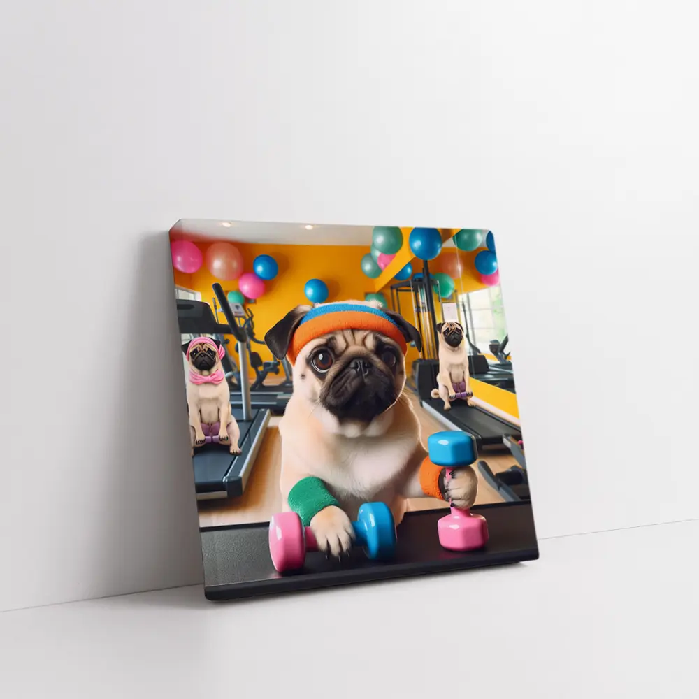 Pugs Working Out in Colorful Gym – Wall Art