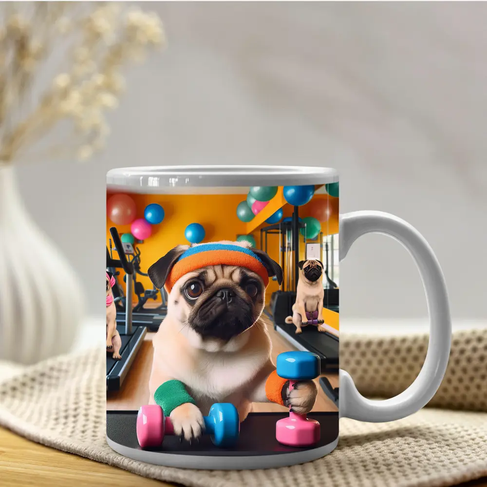 Pugs Working Out in Colorful Gym – Mugs