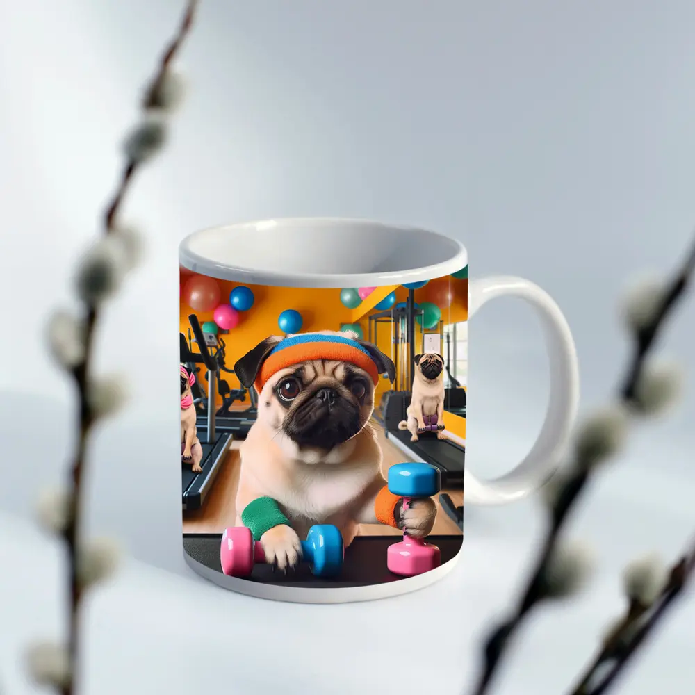 Pugs Working Out in Colorful Gym – Mugs