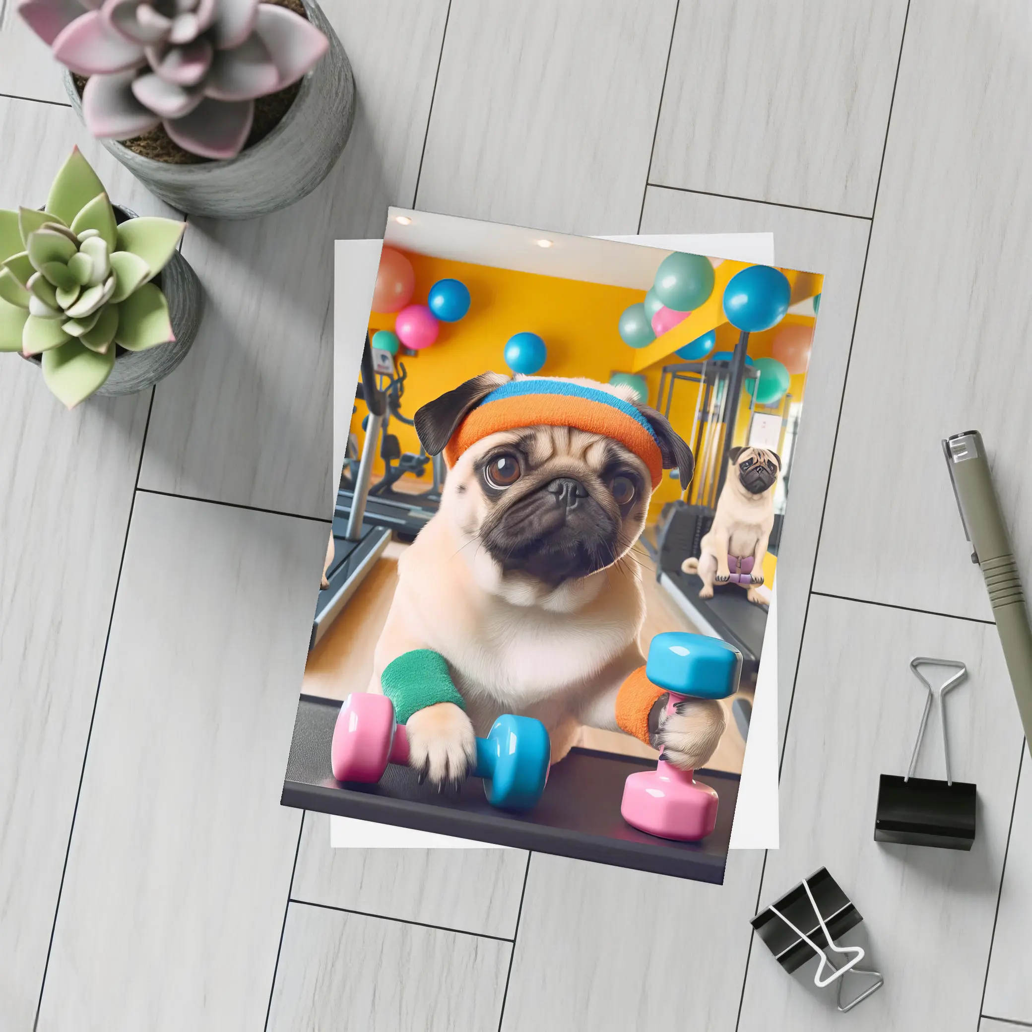 Pugs Working Out in Colorful Gym – Postcards