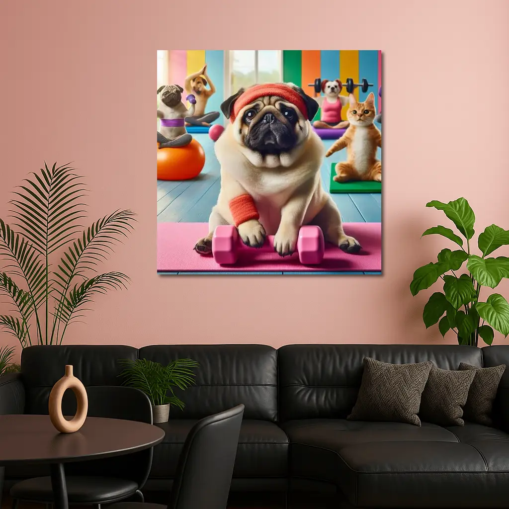 Pug Dog Working Out In Colorful Gym – Wall Art