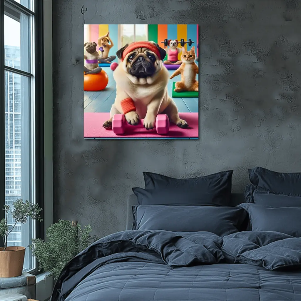 Pug Dog Working Out In Colorful Gym – Wall Art