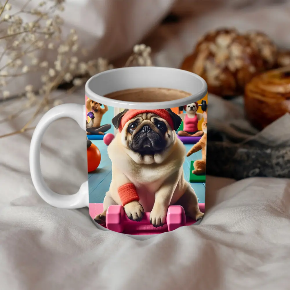 Pug Dog Working Out In Colorful Gym – Mugs