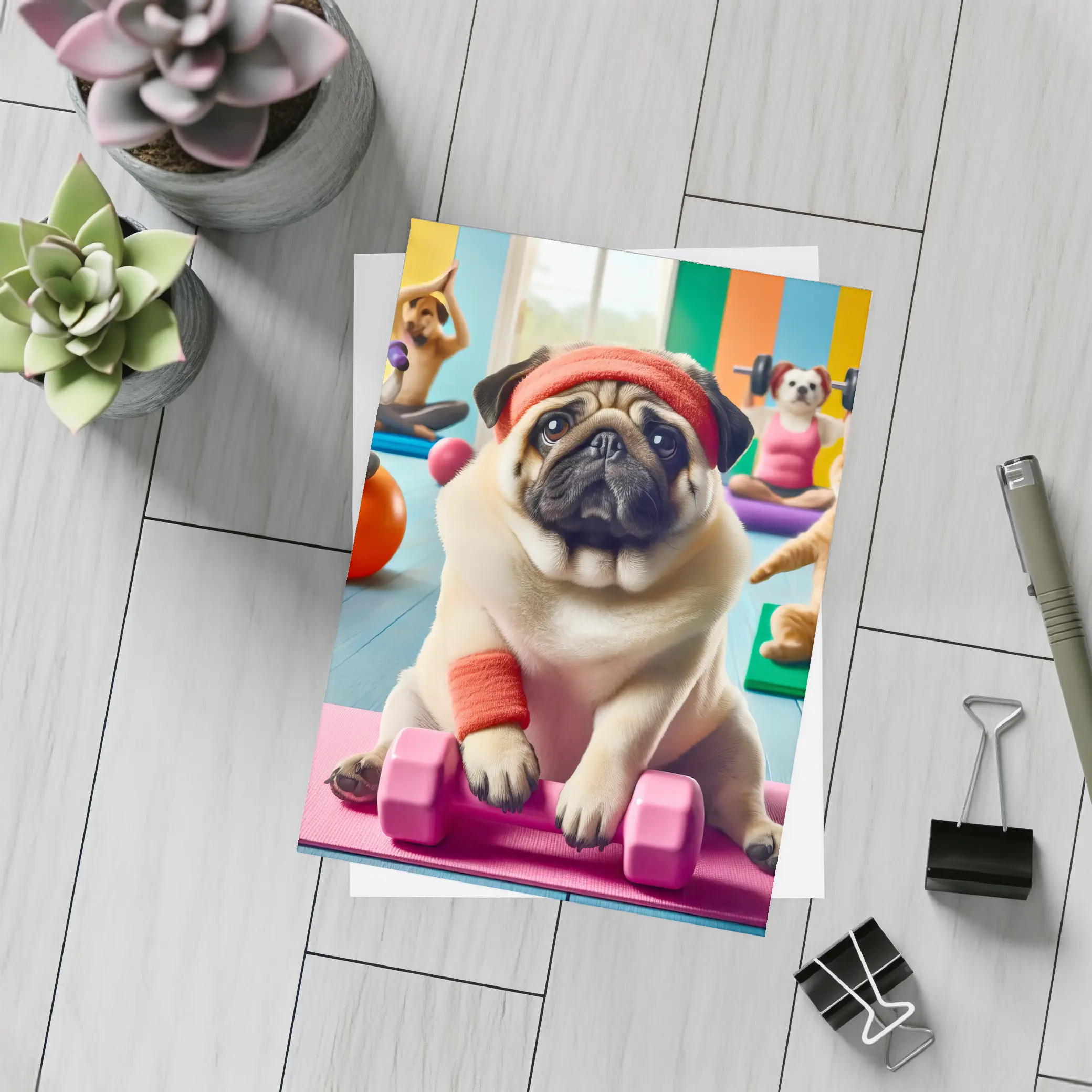 Pug Dog Working Out In Colorful Gym – Postcards