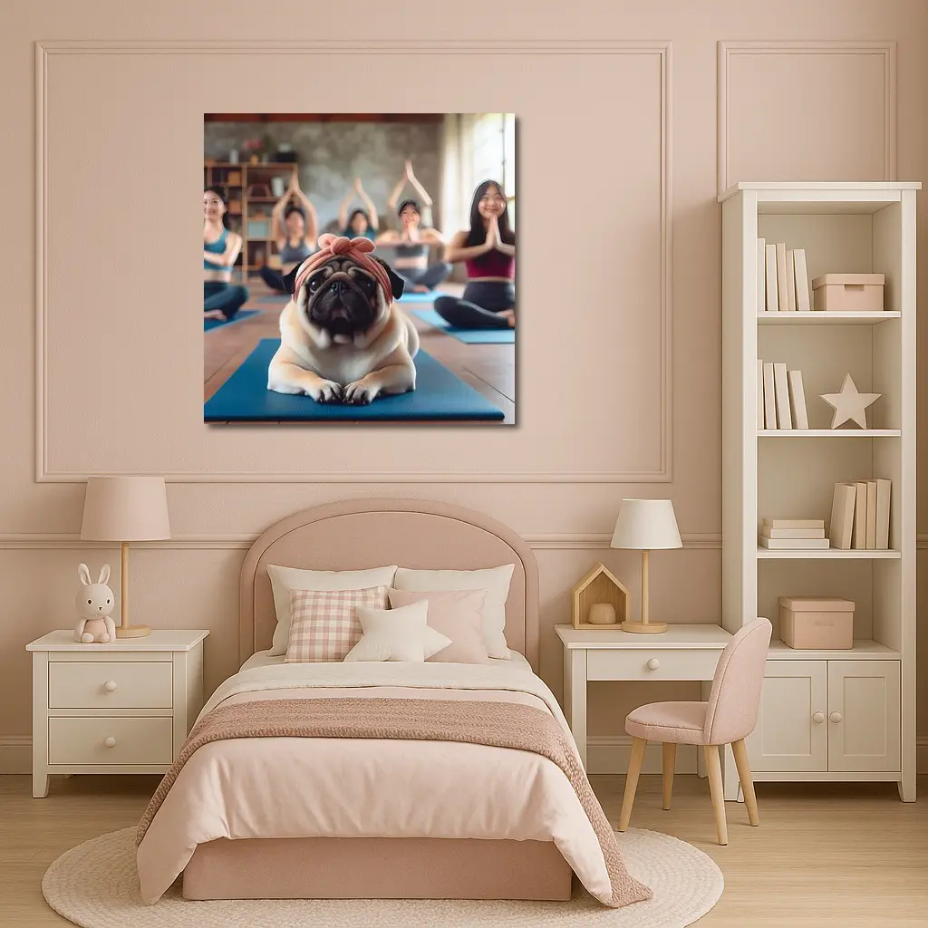 Pug Dog Wearing Headband Yoga Class – Wall Art