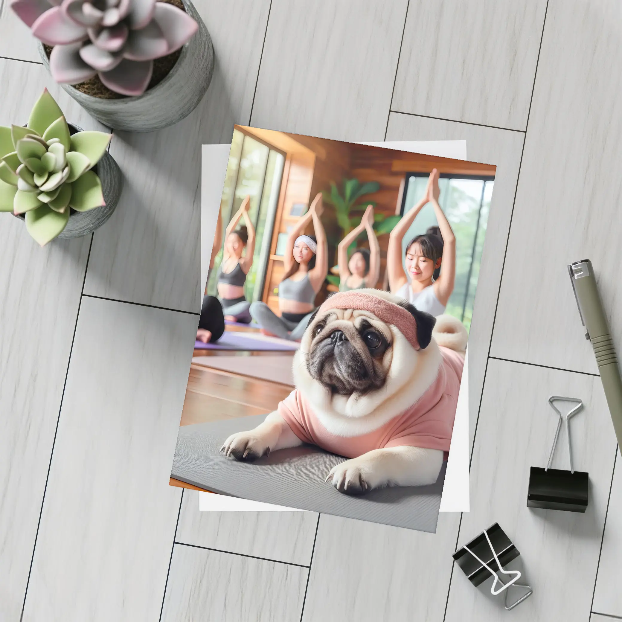 Pug Dog Yoga Class Studio Setting – Postcards