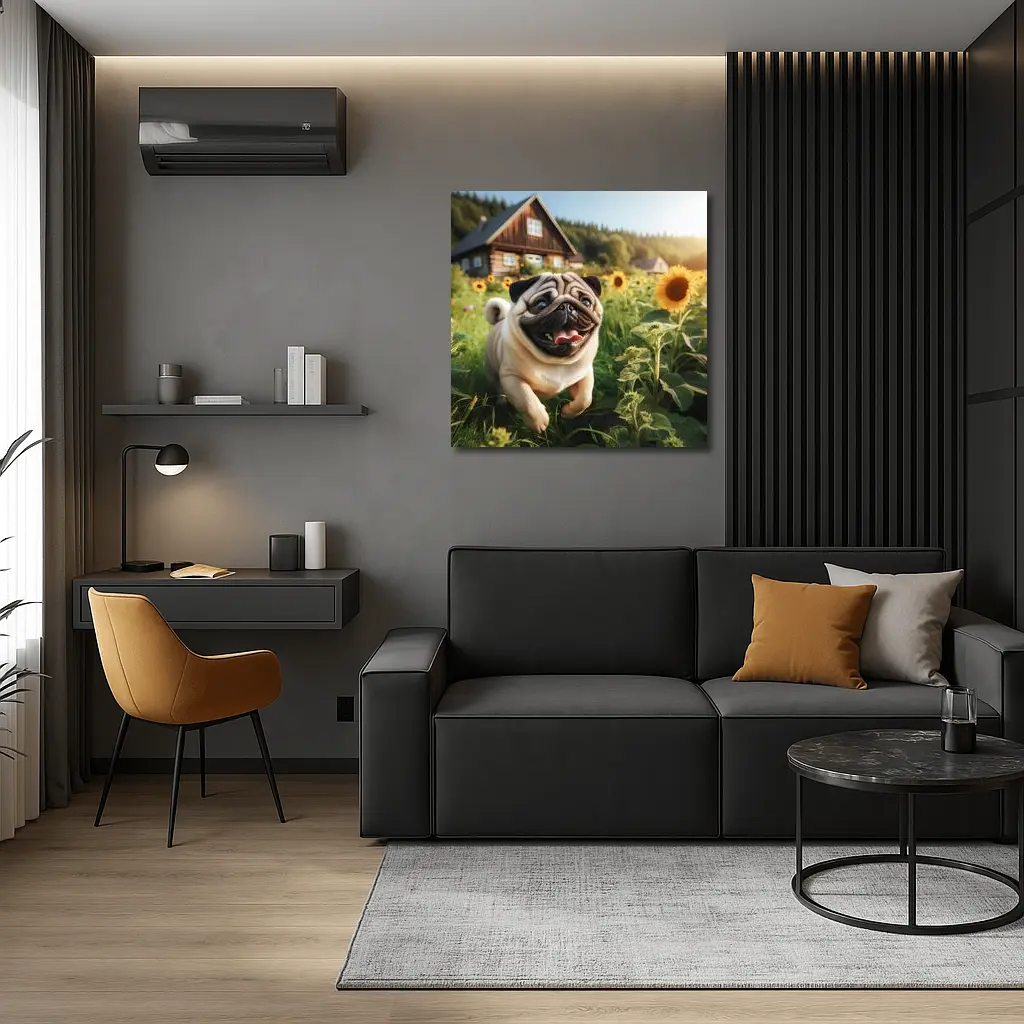 Happy Pug Running Through Sunflower Field – Wall Art