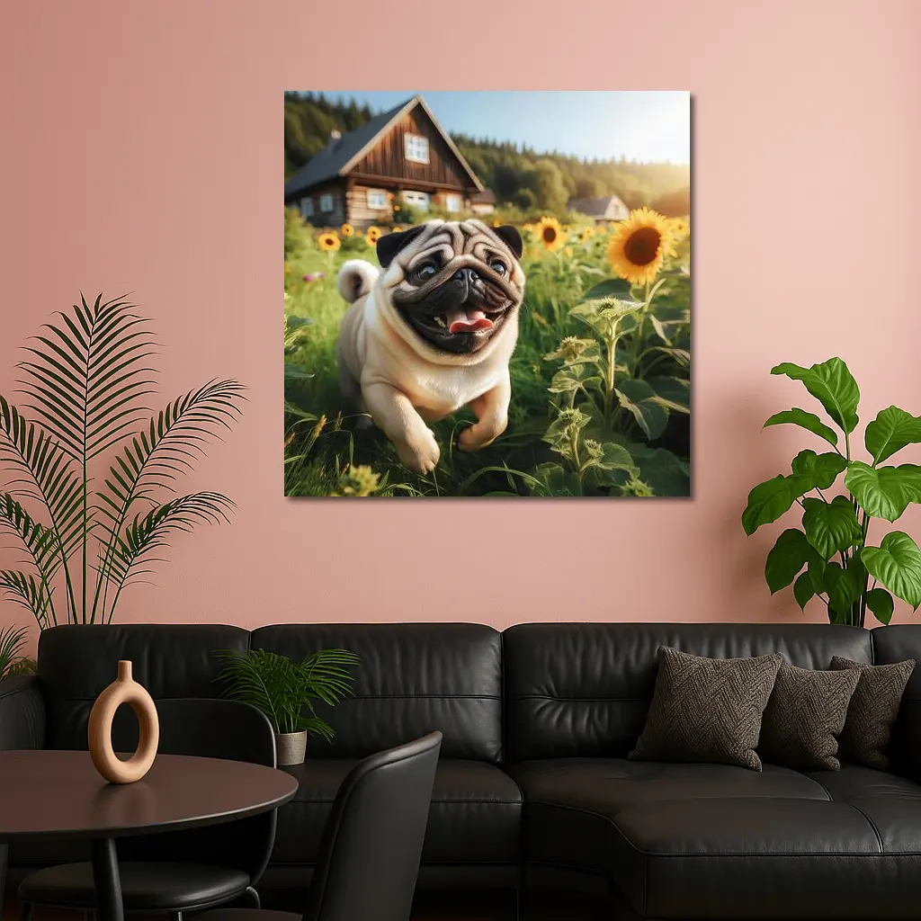 Happy Pug Running Through Sunflower Field – Wall Art