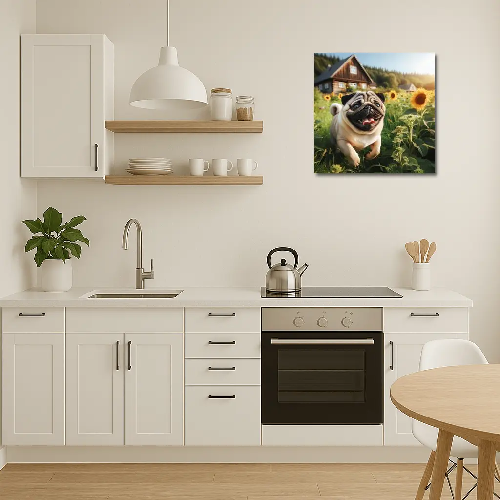 Happy Pug Running Through Sunflower Field – Wall Art