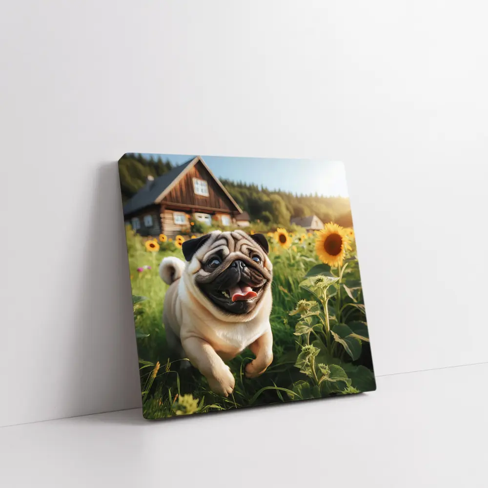 Happy Pug Running Through Sunflower Field – Wall Art