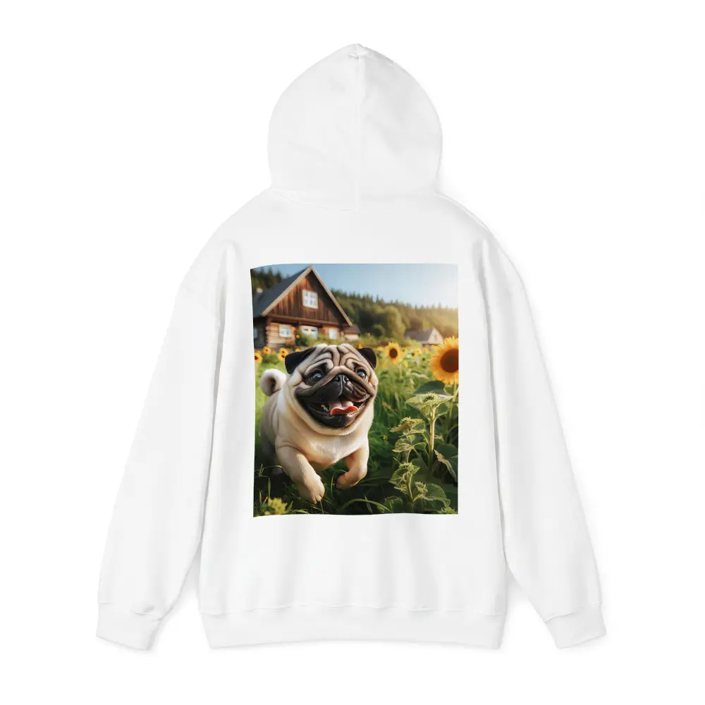 Happy Pug Running Through Sunflower Field – Hoodies