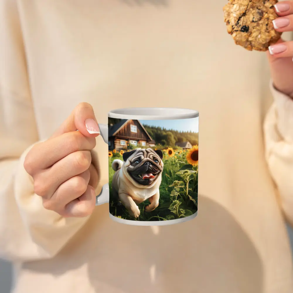 Happy Pug Running Through Sunflower Field – Mugs