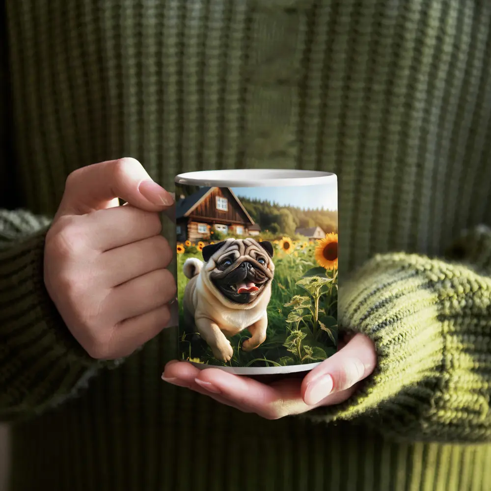 Happy Pug Running Through Sunflower Field – Mugs