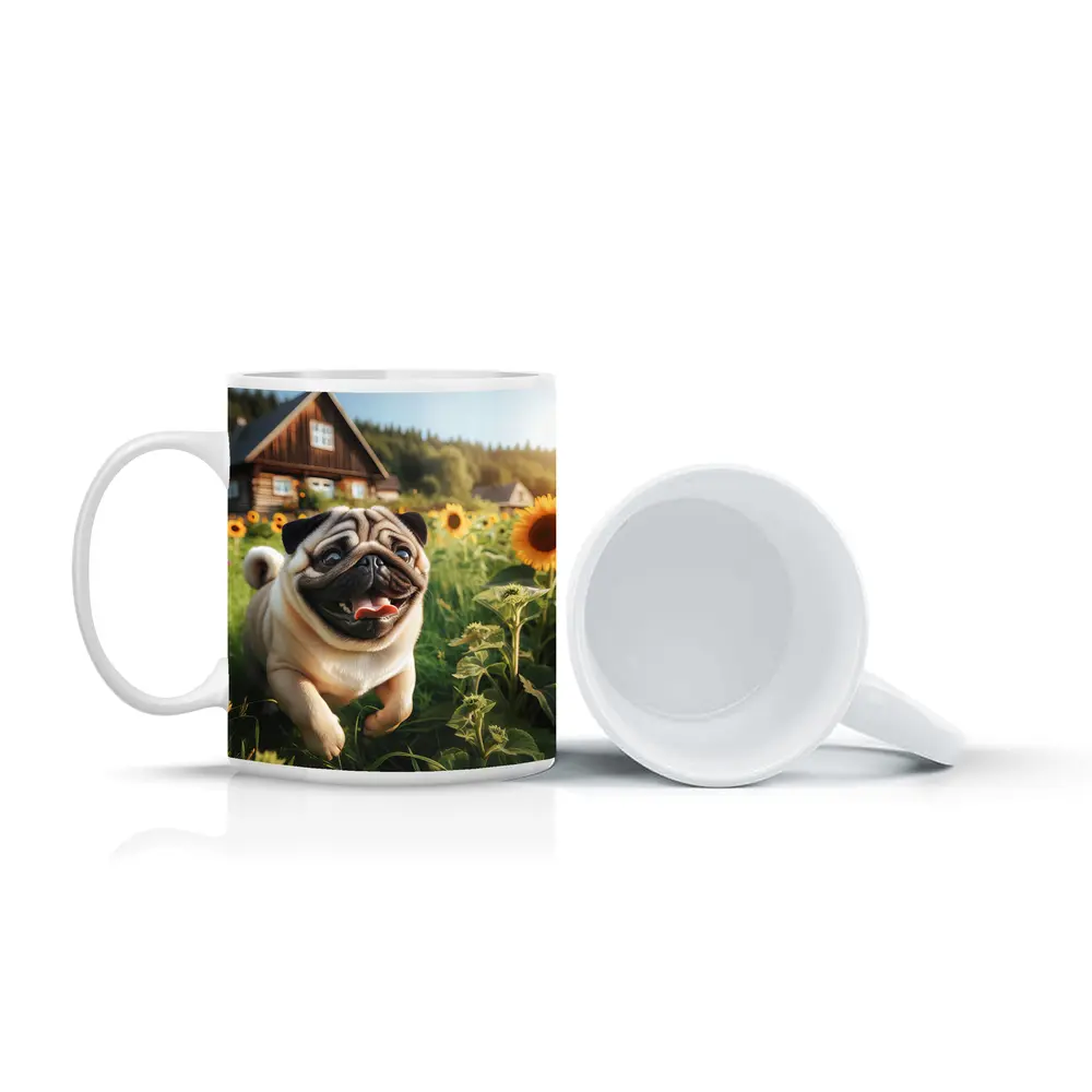 Happy Pug Running Through Sunflower Field – Mugs