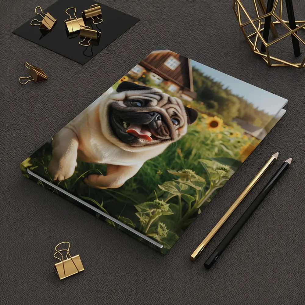 Happy Pug Running Through Sunflower Field – Notebooks