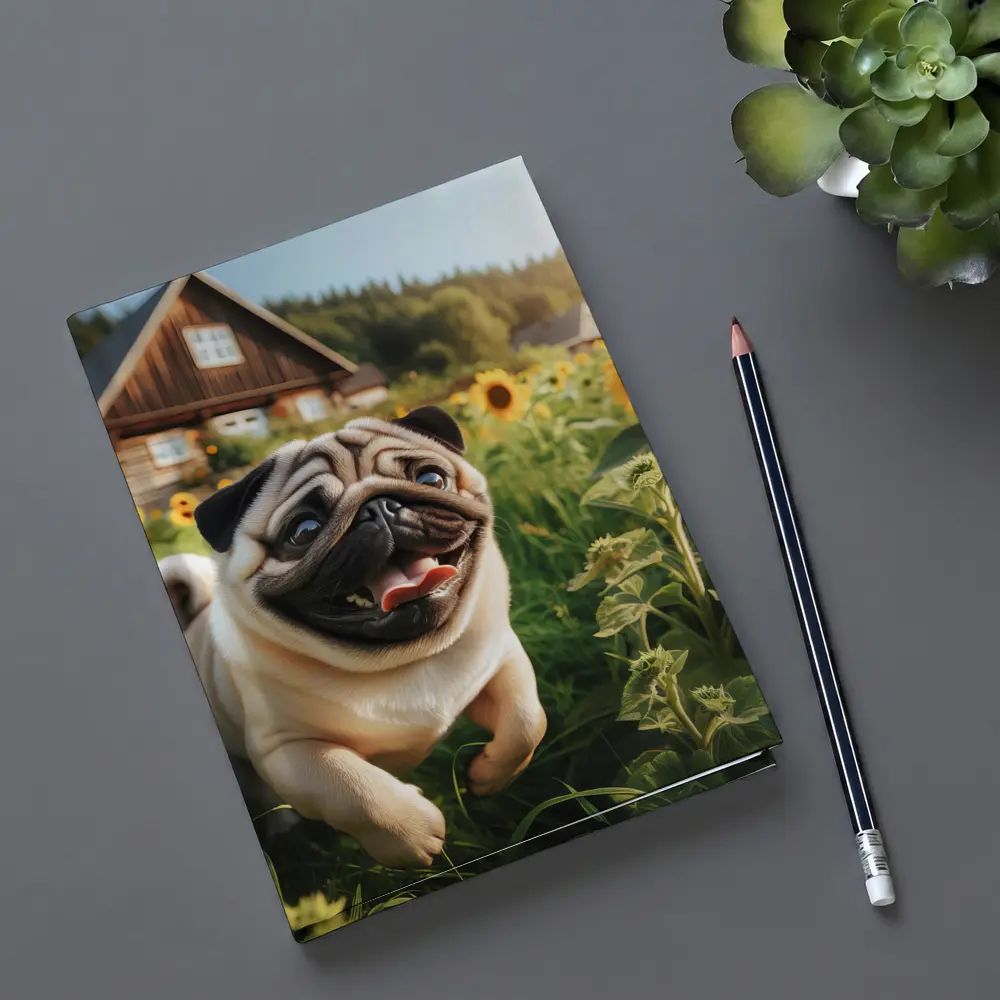 Happy Pug Running Through Sunflower Field – Notebooks