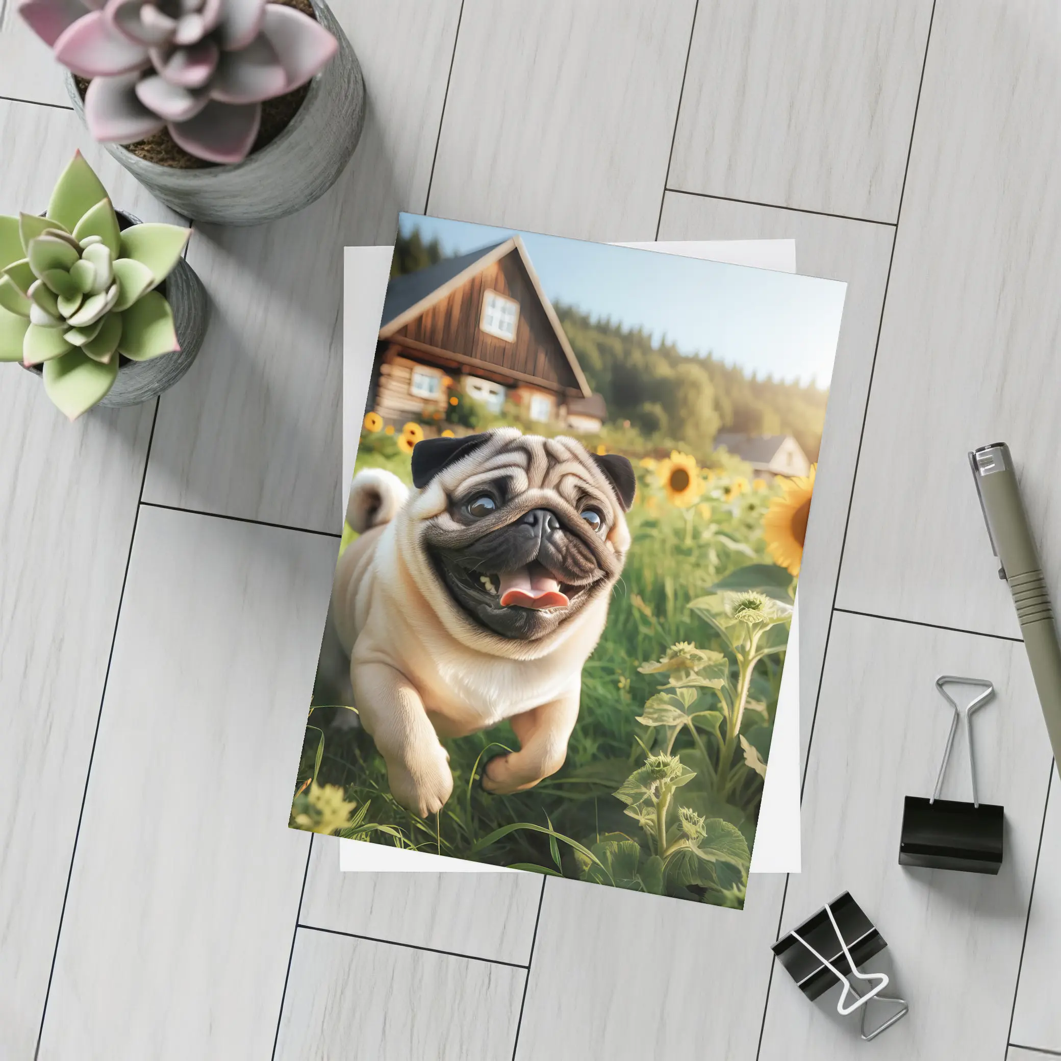 Happy Pug Running Through Sunflower Field – Postcards