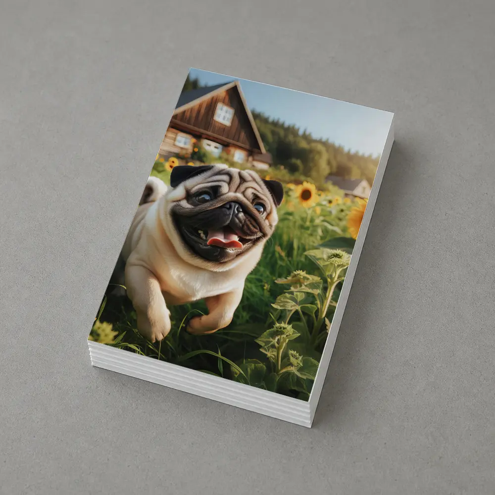 Happy Pug Running Through Sunflower Field – Postcards