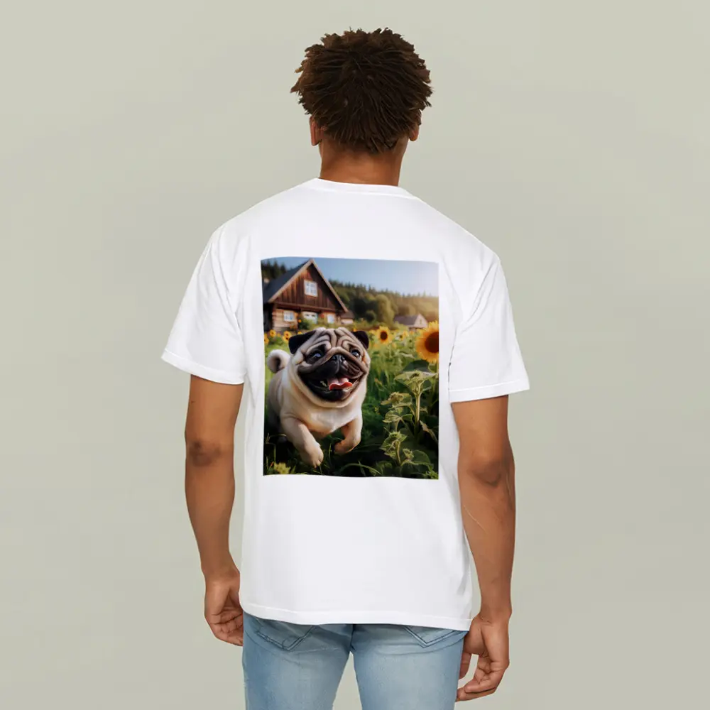 Happy Pug Running Through Sunflower Field – T-Shirts