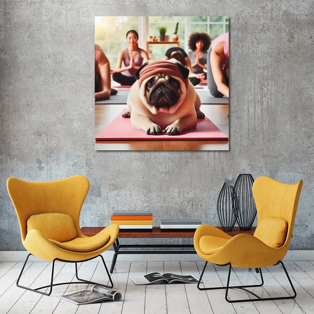 Pug Dog Wearing Headband Yoga Class – Wall Art