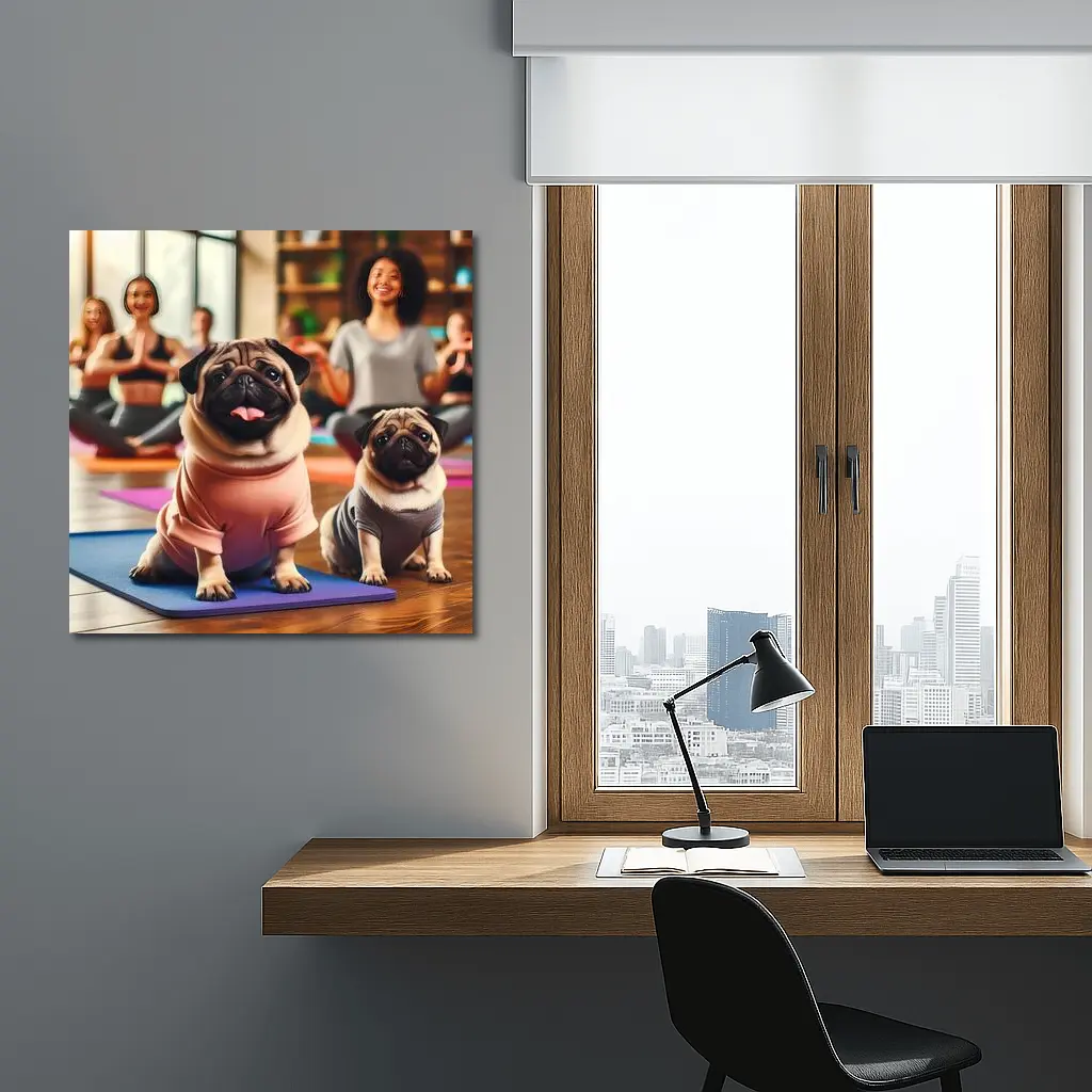 Pugs Doing Yoga in Fitness Studio – Wall Art