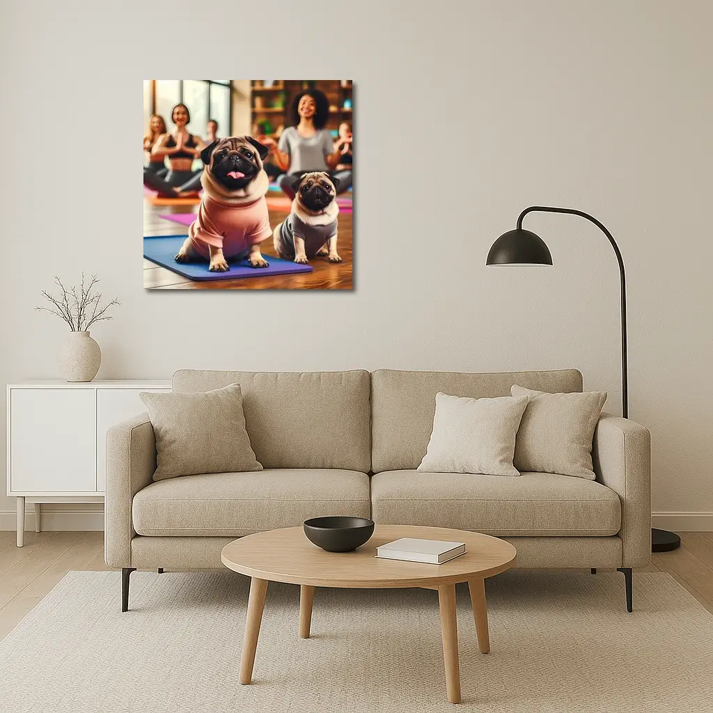 Pugs Doing Yoga in Fitness Studio – Wall Art