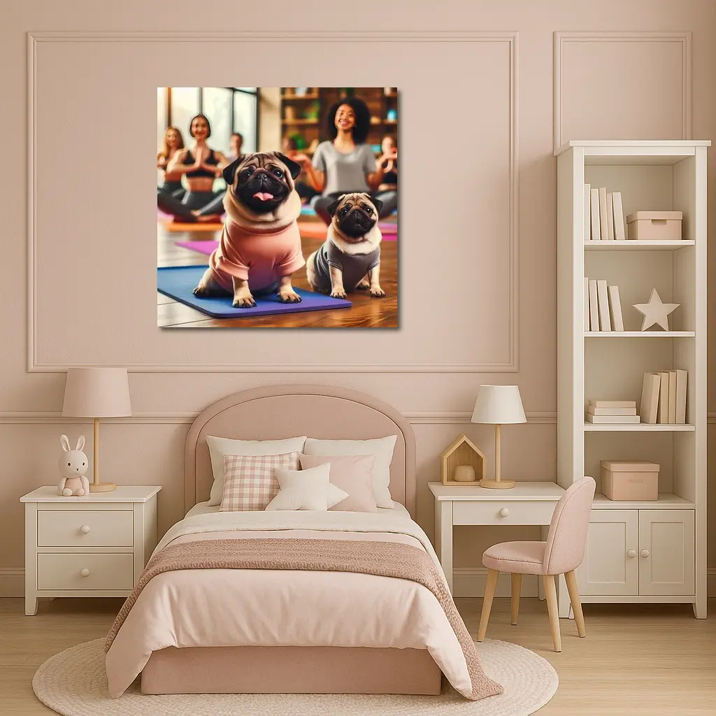 Pugs Doing Yoga in Fitness Studio – Wall Art