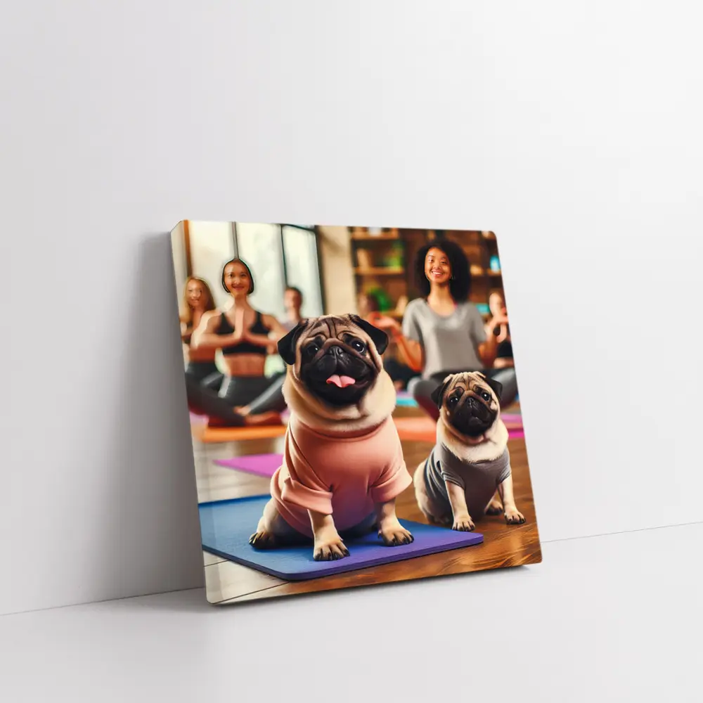 Pugs Doing Yoga in Fitness Studio – Wall Art