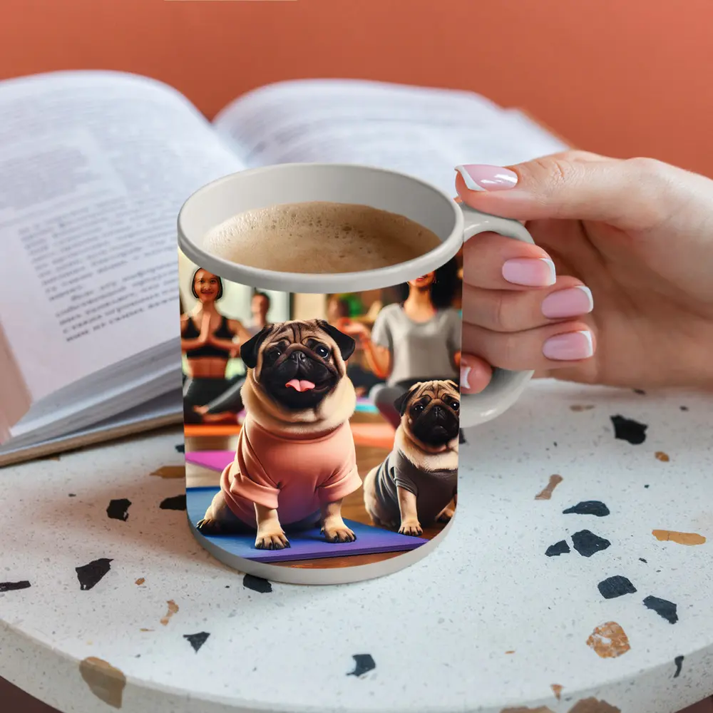 Pugs Doing Yoga in Fitness Studio – Mugs