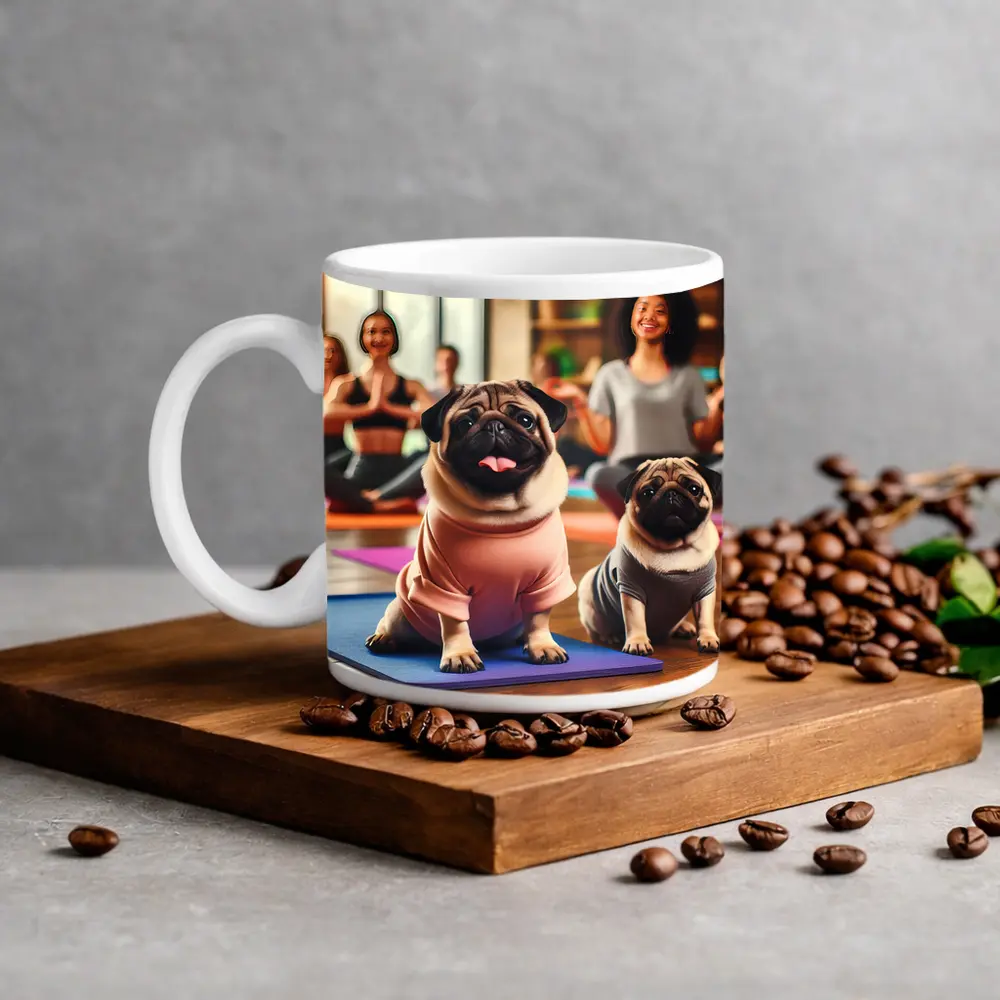 Pugs Doing Yoga in Fitness Studio – Mugs