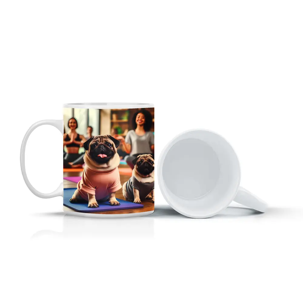 Pugs Doing Yoga in Fitness Studio – Mugs