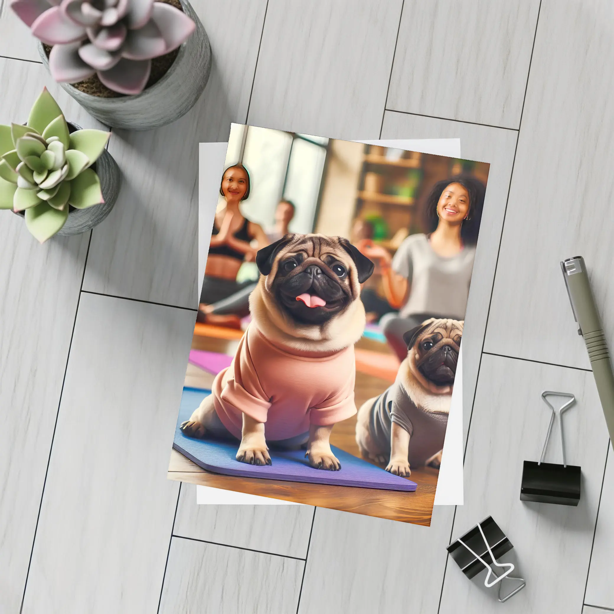 Pugs Doing Yoga in Fitness Studio – Postcards