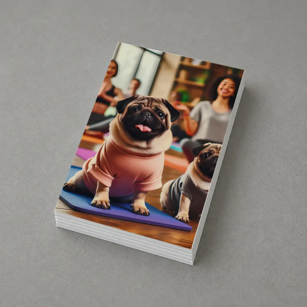 Pugs Doing Yoga in Fitness Studio – Postcards