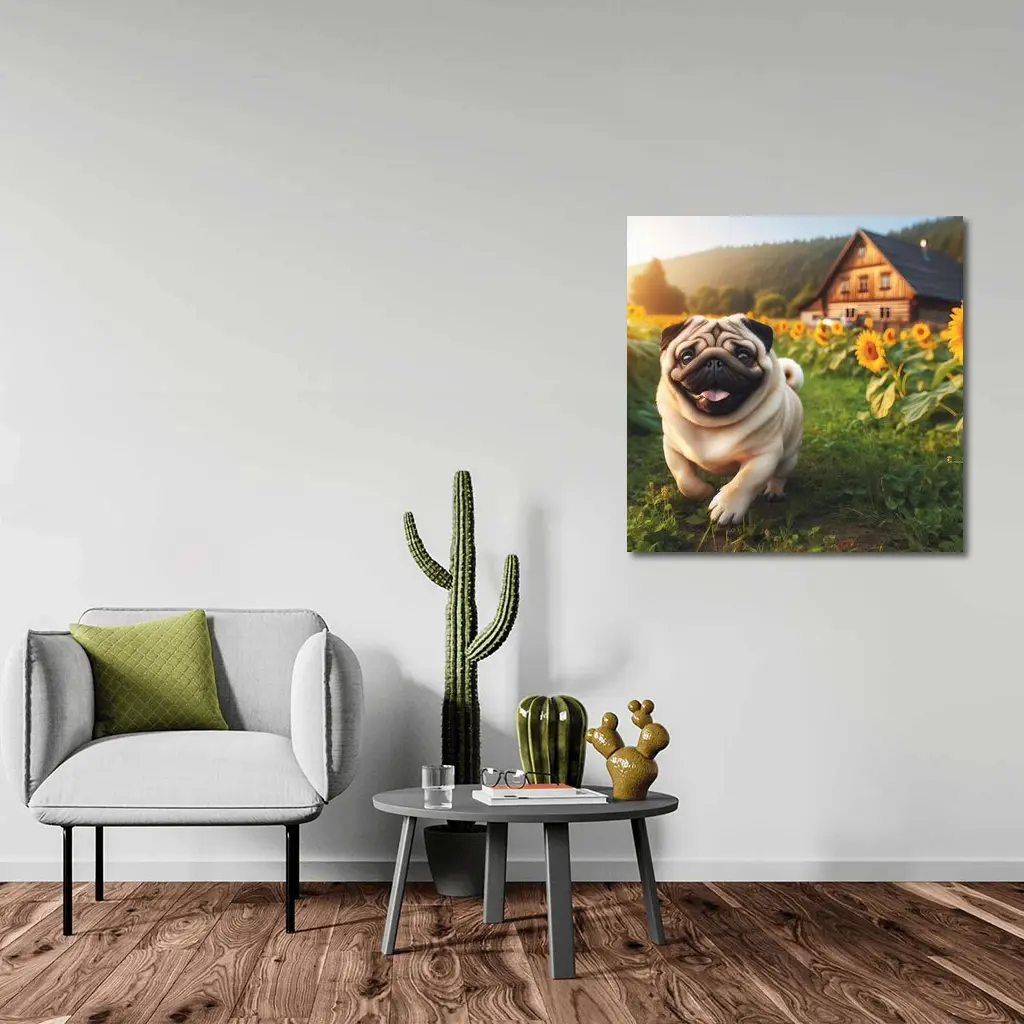 Happy Pug Running Through Sunflower Field – Wall Art