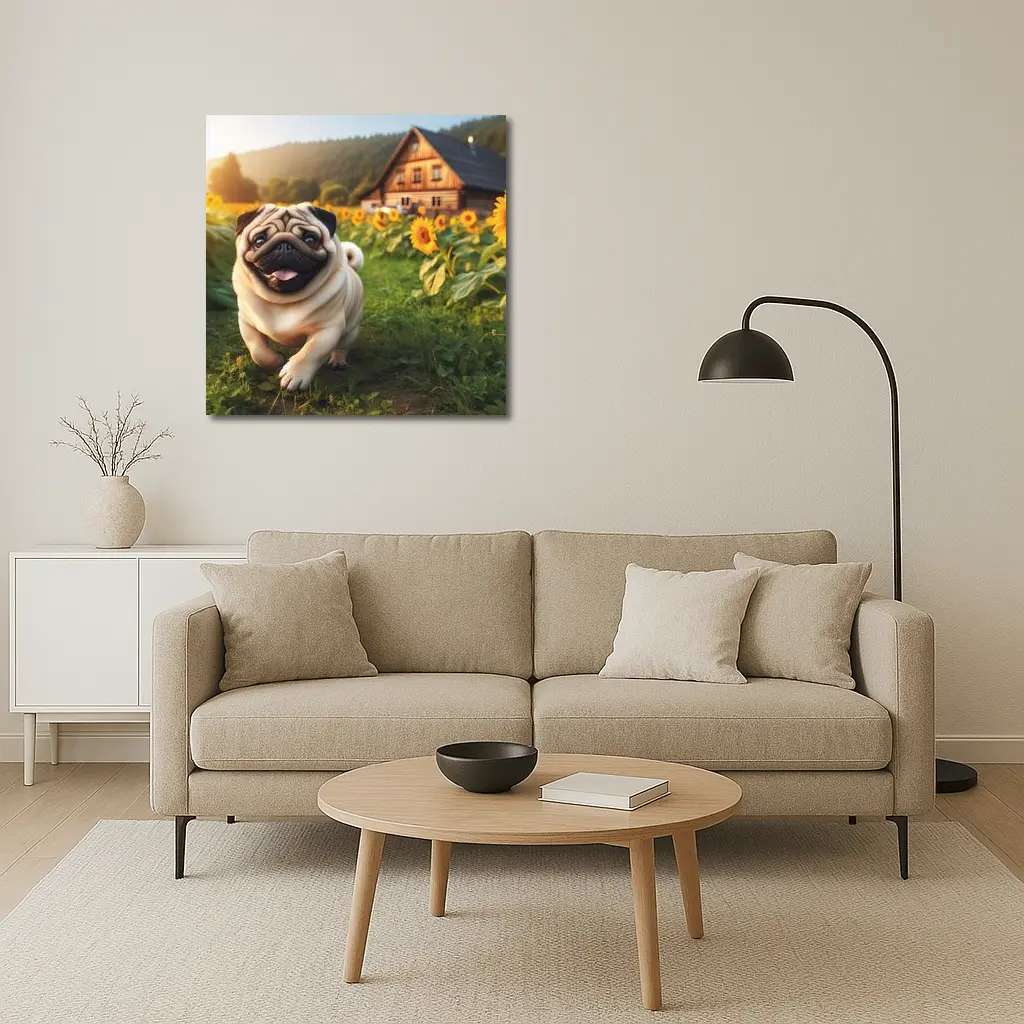 Happy Pug Running Through Sunflower Field – Wall Art