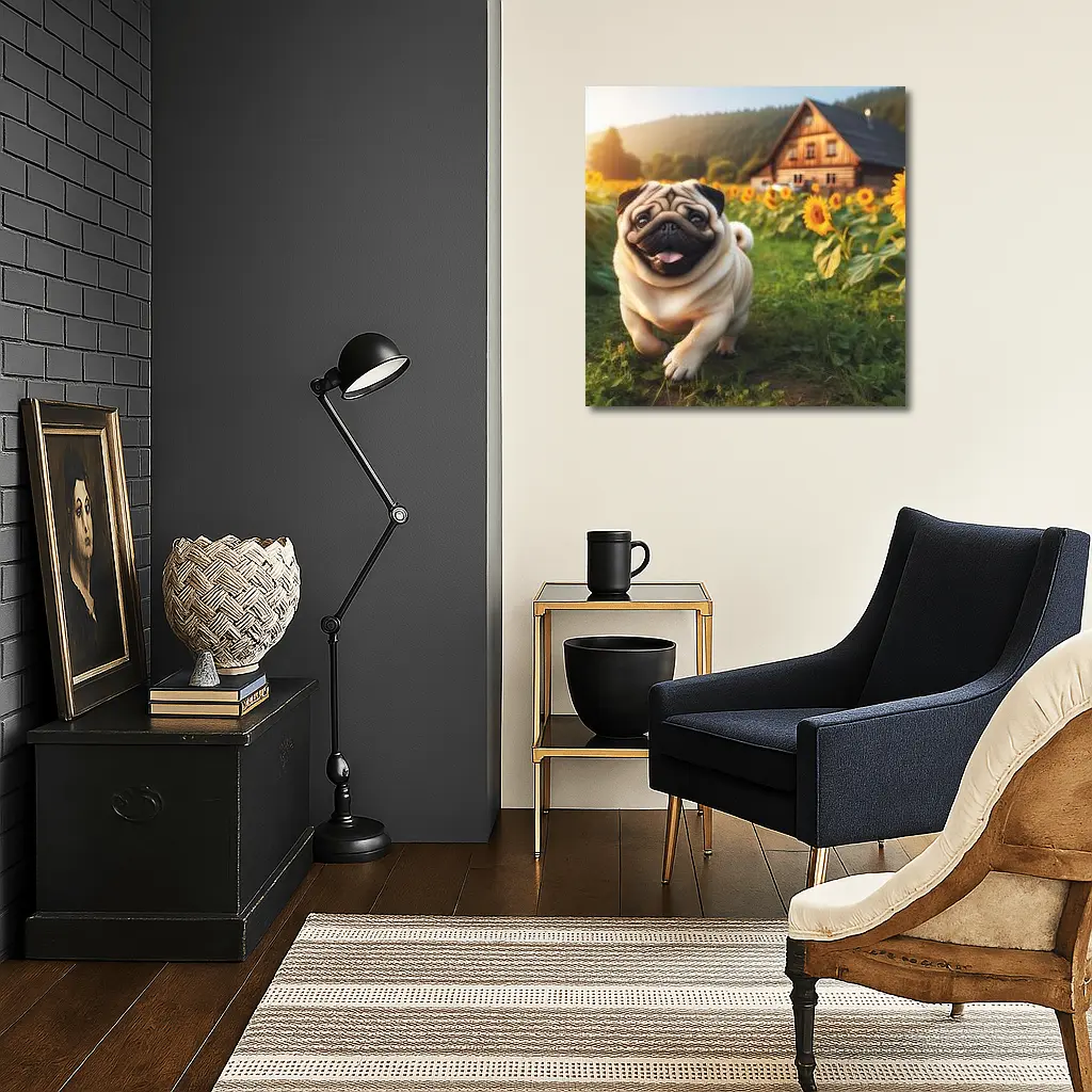 Happy Pug Running Through Sunflower Field – Wall Art