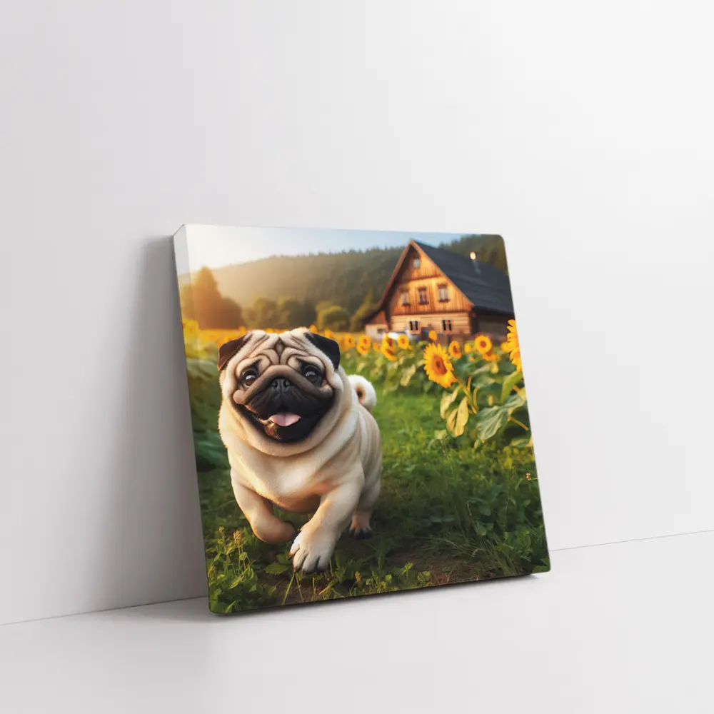 Happy Pug Running Through Sunflower Field – Wall Art