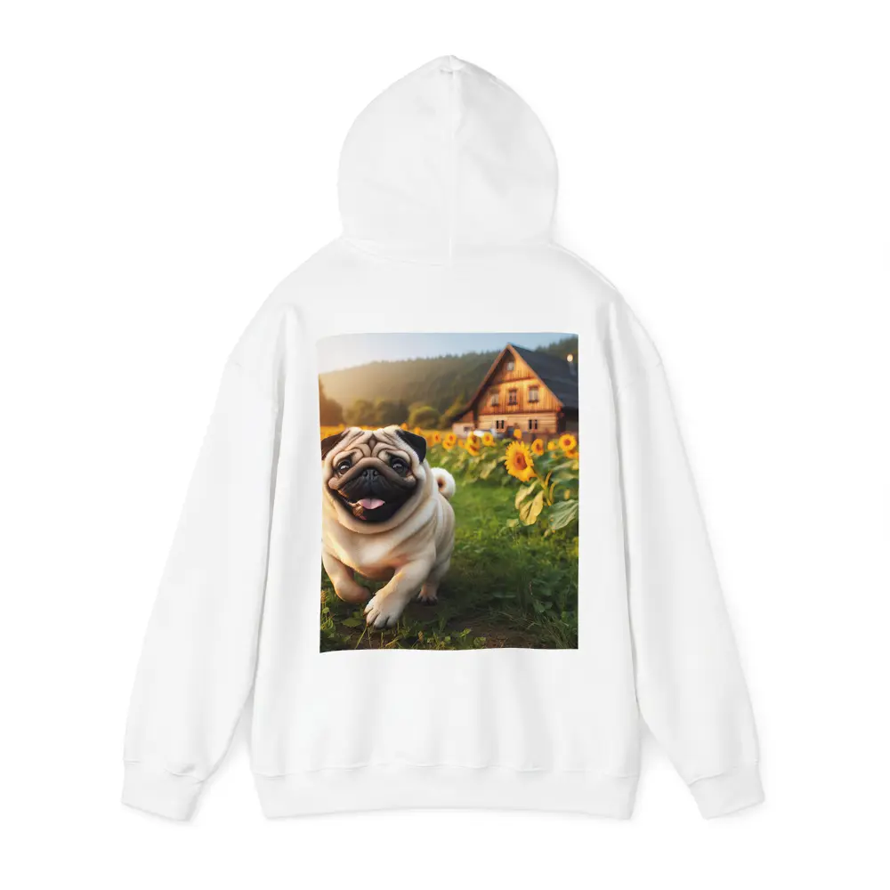 Happy Pug Running Through Sunflower Field – Hoodies