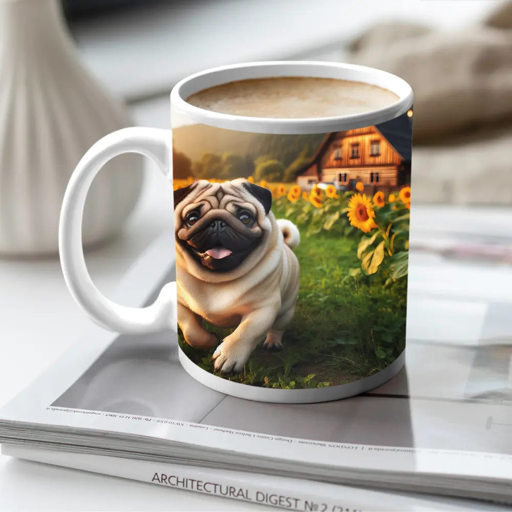 Happy Pug Running Through Sunflower Field – Mugs