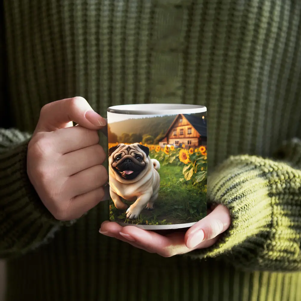 Happy Pug Running Through Sunflower Field – Mugs