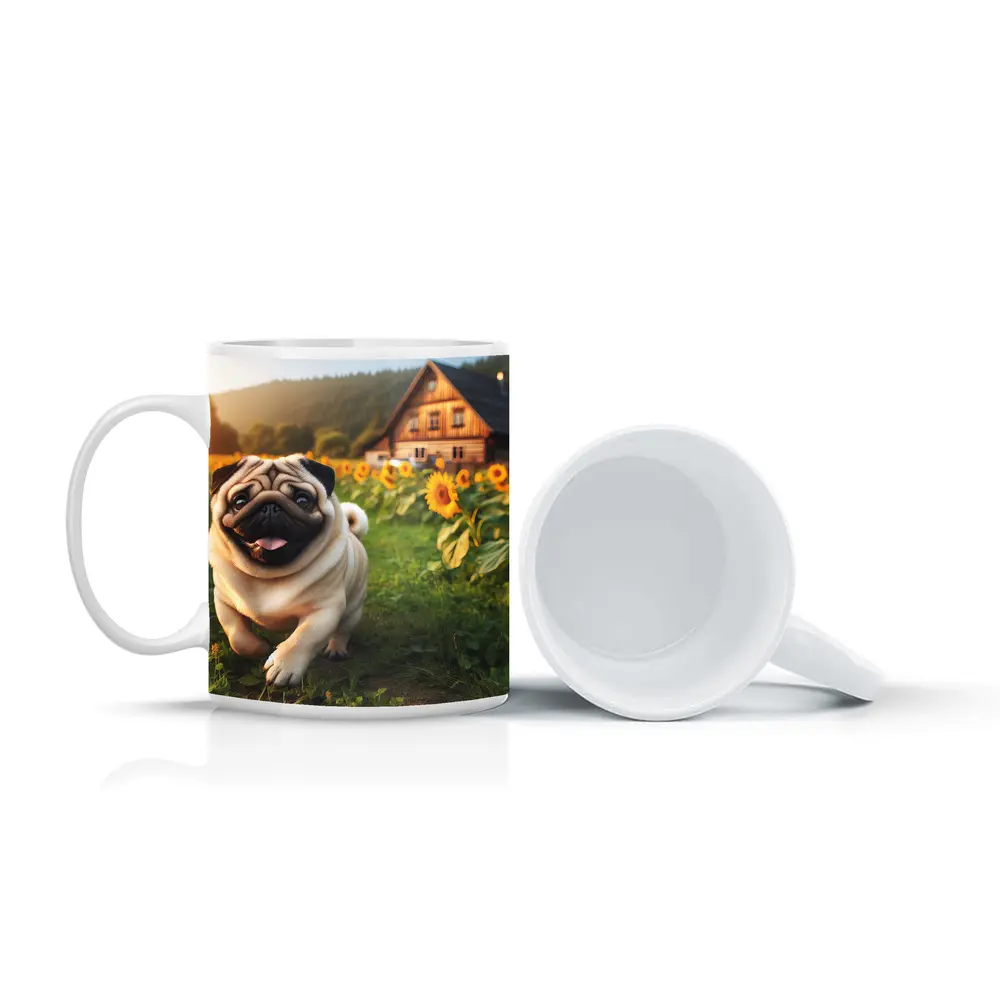 Happy Pug Running Through Sunflower Field – Mugs