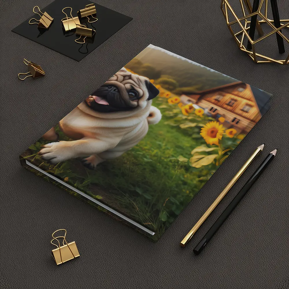 Happy Pug Running Through Sunflower Field – Notebooks