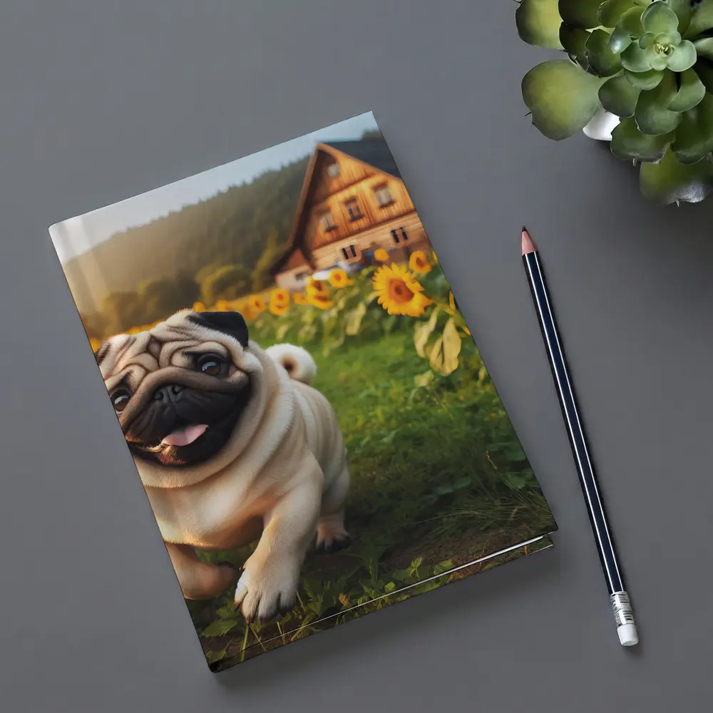 Happy Pug Running Through Sunflower Field – Notebooks