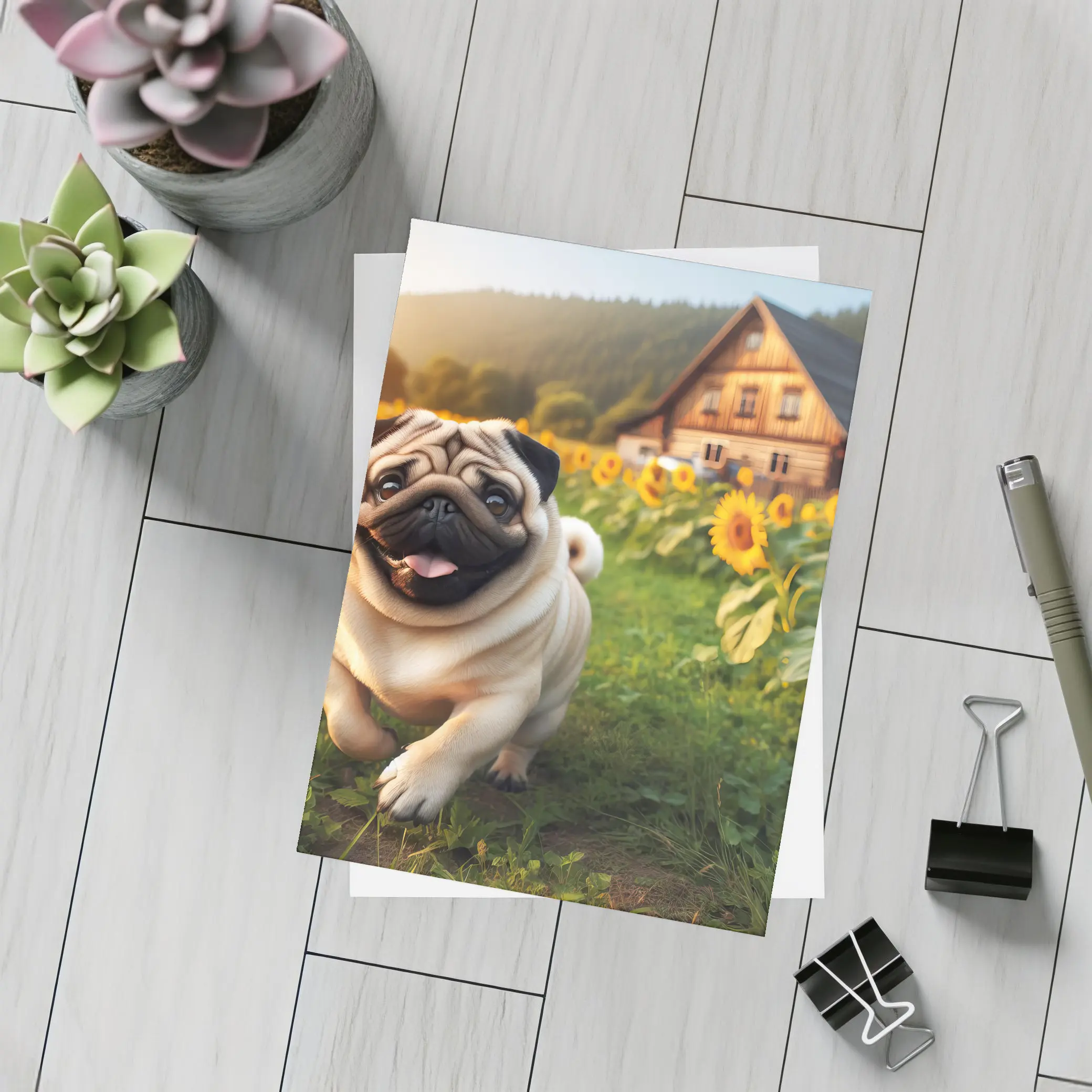 Happy Pug Running Through Sunflower Field – Postcards