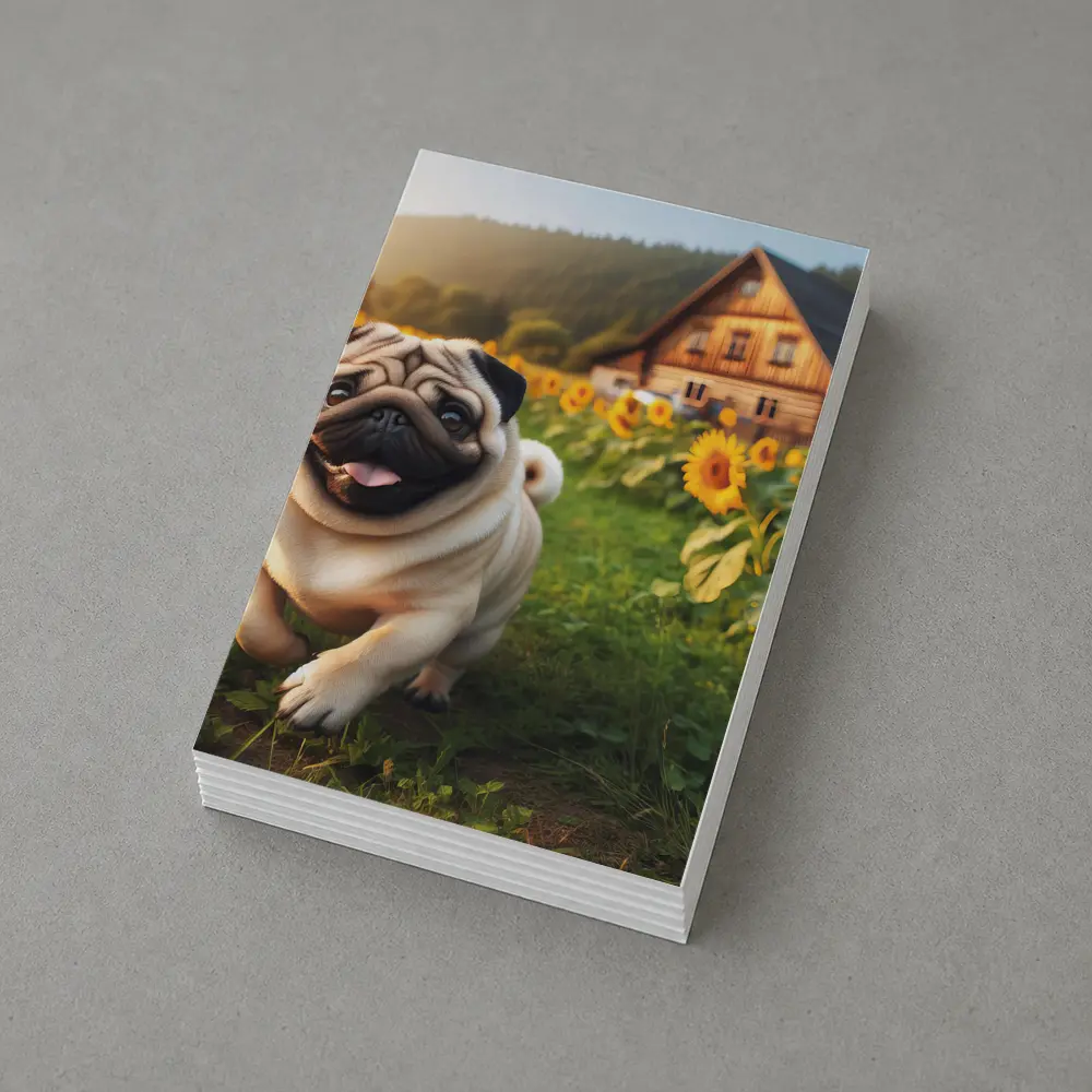 Happy Pug Running Through Sunflower Field – Postcards