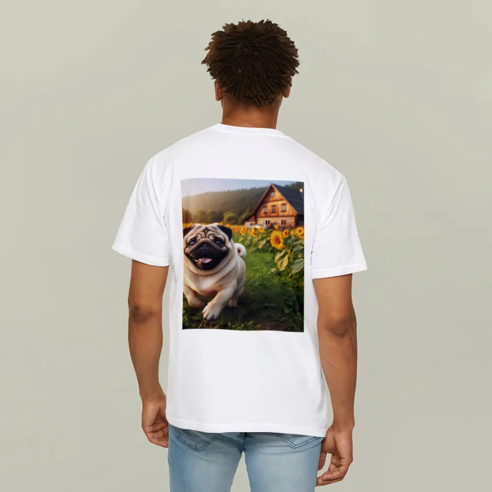 Happy Pug Running Through Sunflower Field – T-Shirts