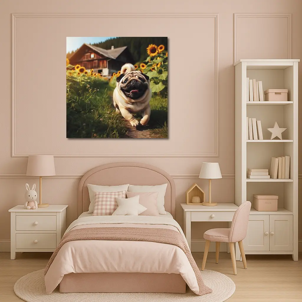 Happy Pug Running Through Sunflower Field – Wall Art