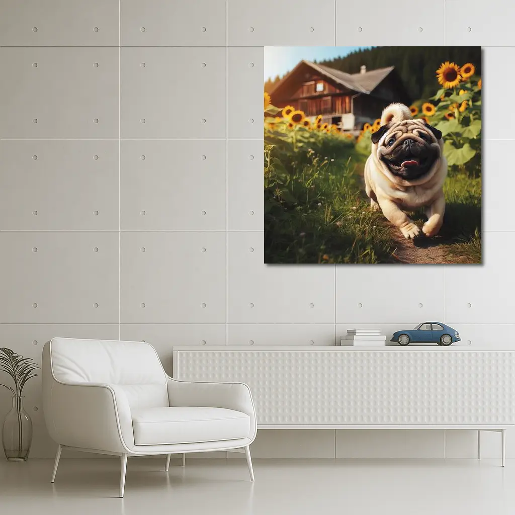 Happy Pug Running Through Sunflower Field – Wall Art